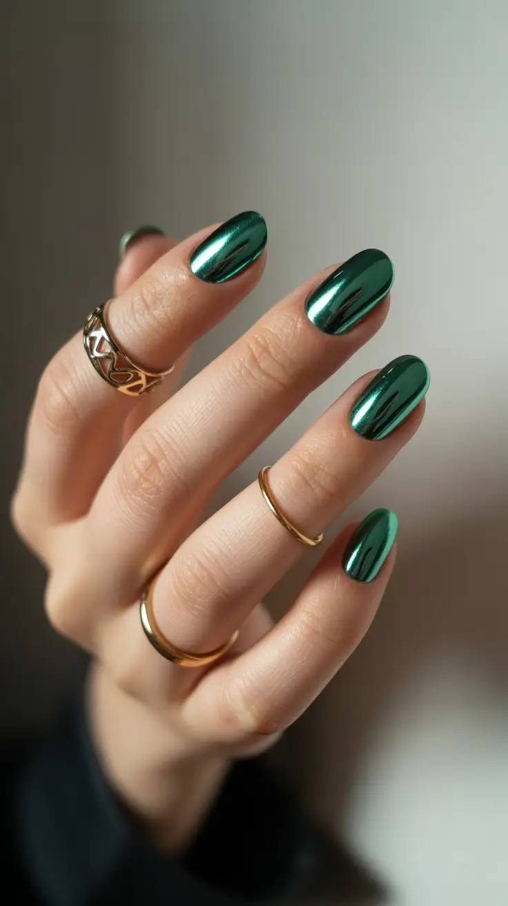 elegant short almond nails 2026 Deep Emerald Chrome for Mirror-Like Luxury
