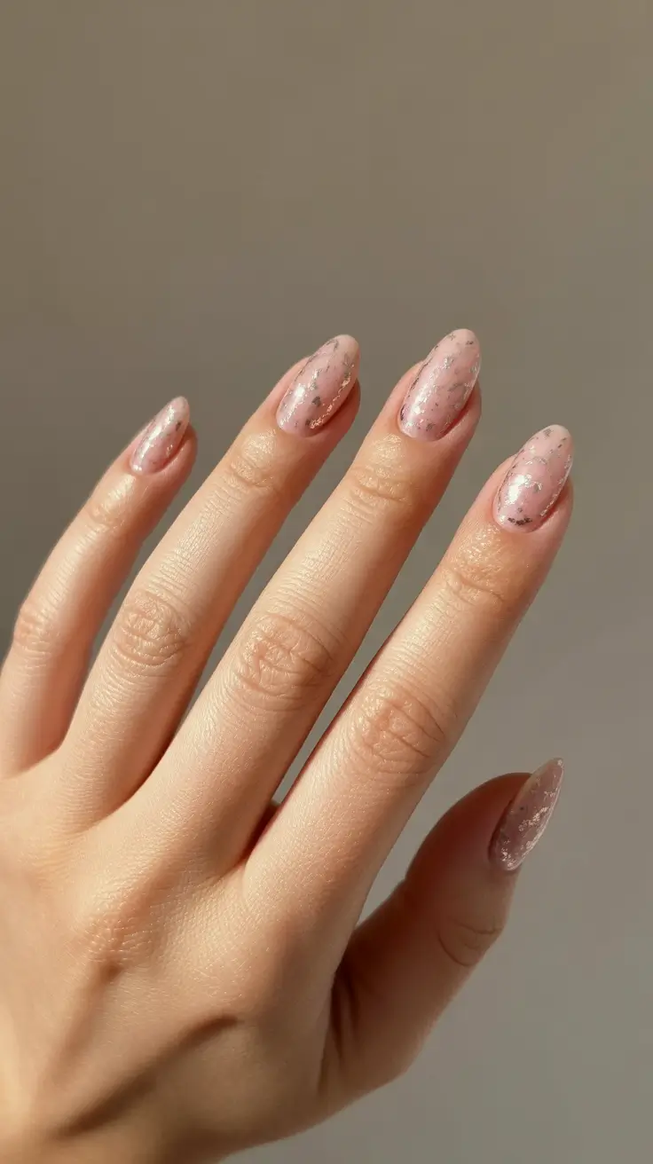 elegant short almond nails 2026 Light Pink Sparkle Veil