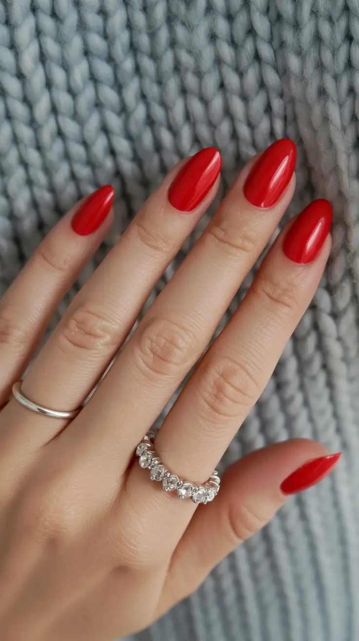 elegant short almond nails 2026 Bold Classic Red With High-Shine Finish