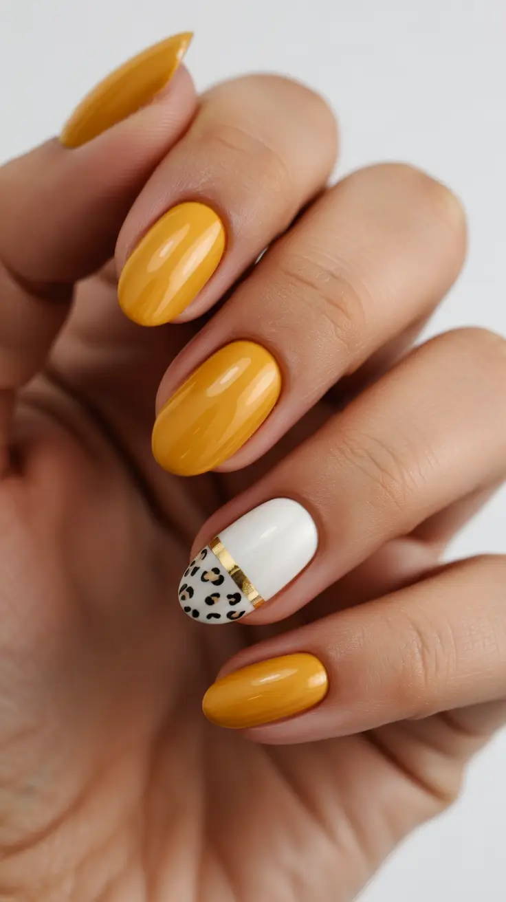 elegant short almond nails 2026 Golden Mustard With Leopard Accent