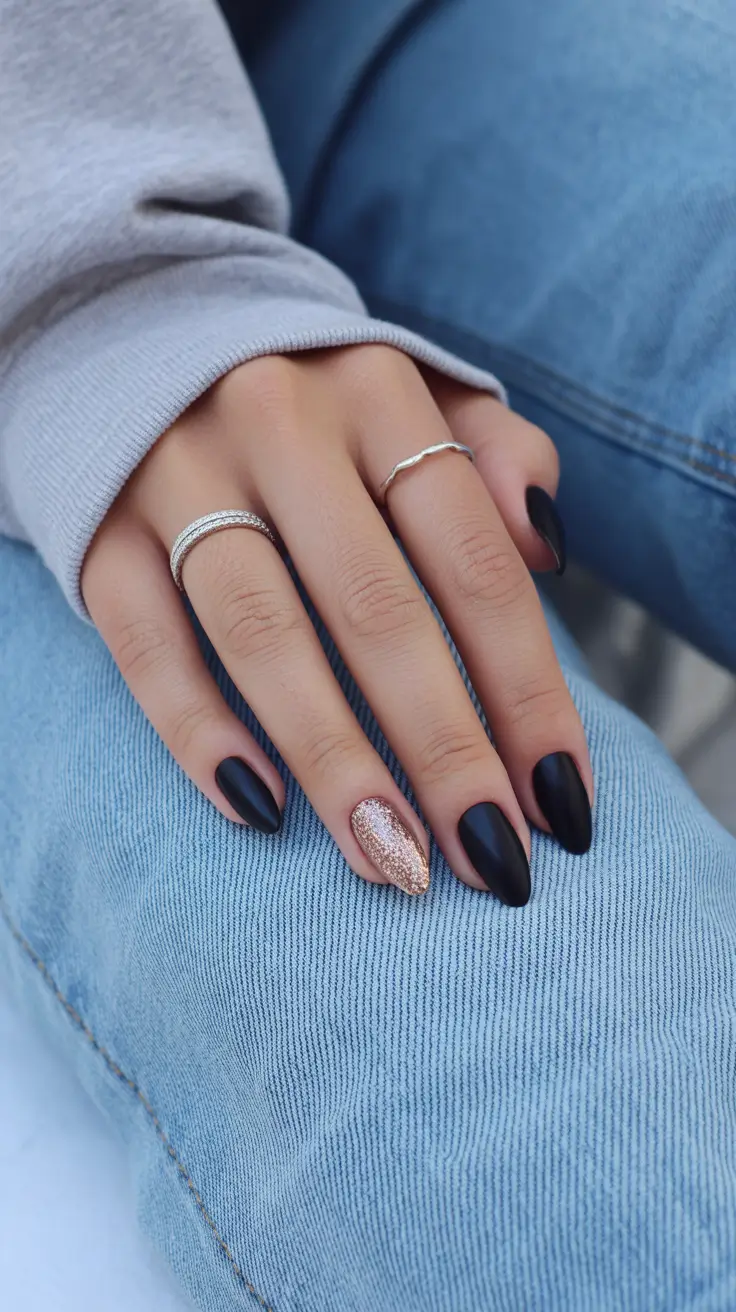elegant short almond nails 2026 Matte Black With Rose-Gold Drama