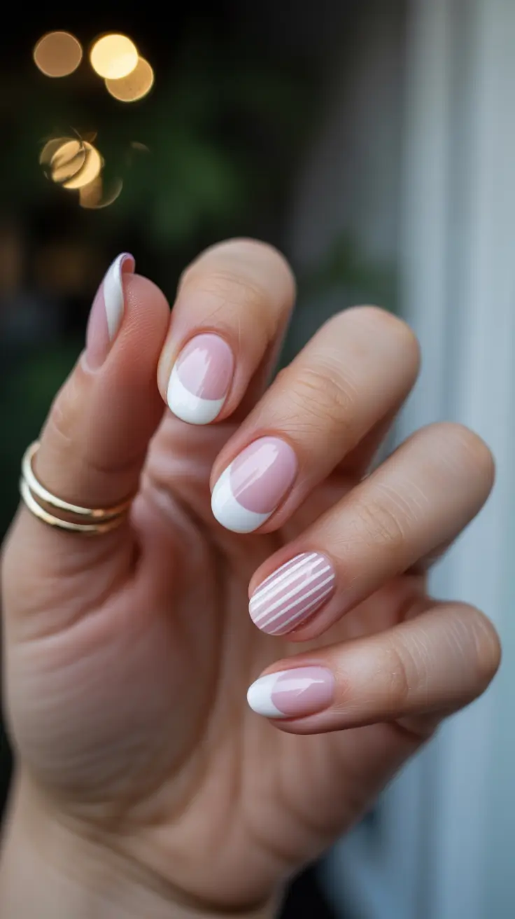 elegant short almond nails 2026 Soft Pink Stripes and Modern French Accents