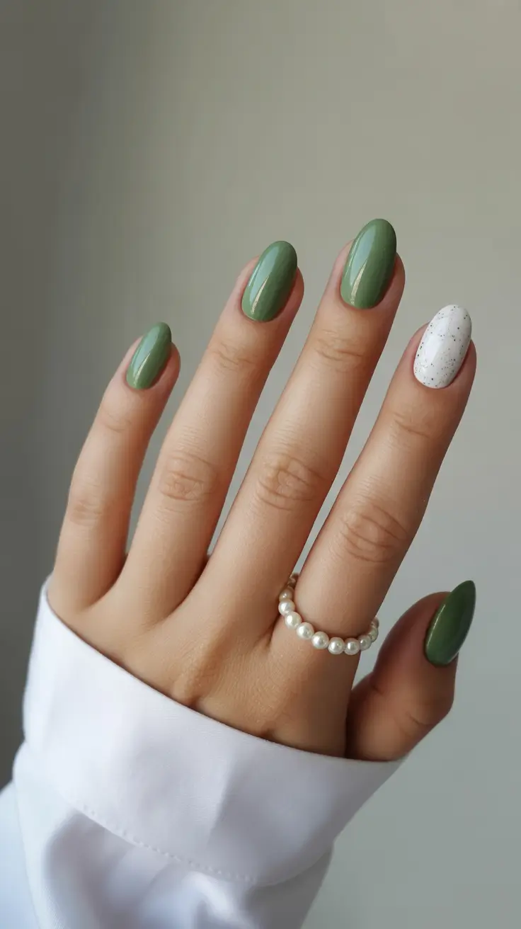 elegant short almond nails 2026 Earthy Green With a Speckled Accent