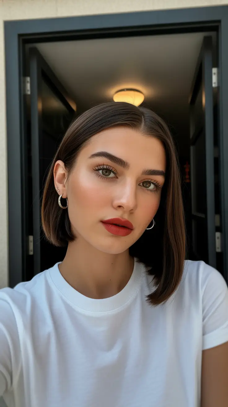 Long bob haircuts ideas 2026 Modern Espresso Bob with Red Lips