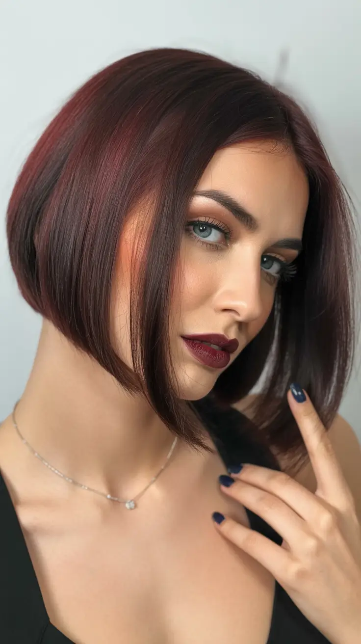 Long bob haircuts ideas 2026 Deep Berry Angled Bob