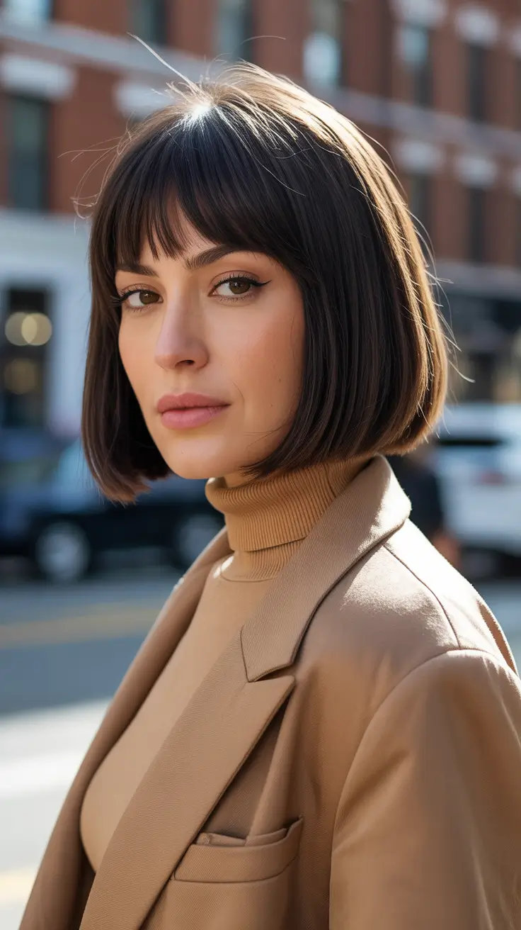 Long bob haircuts ideas 2026 Textured Brunette Bob with Bangs