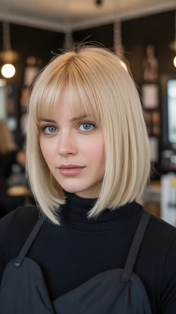 Long bob haircuts ideas 2026 Soft Blonde Lob with Curtain Bangs