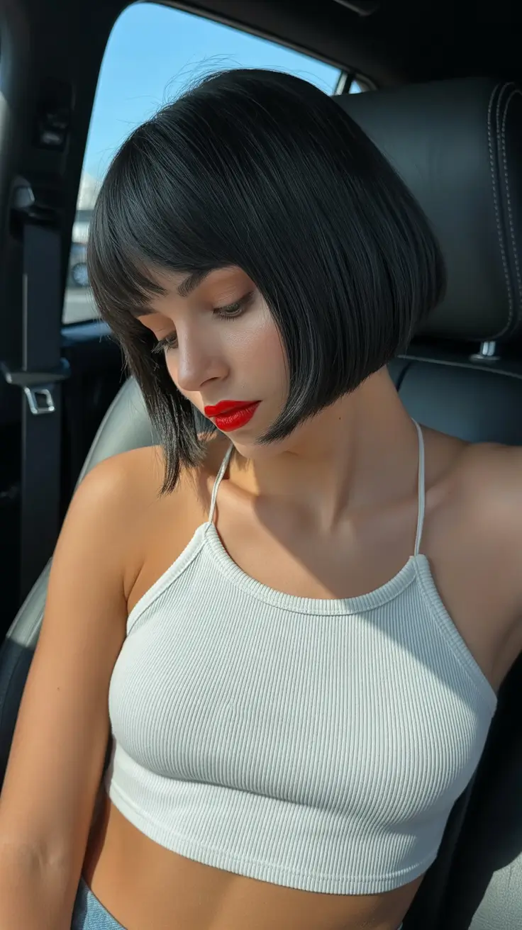 Long bob haircuts ideas 2026 Jet-Black Bob with Blunt Bangs