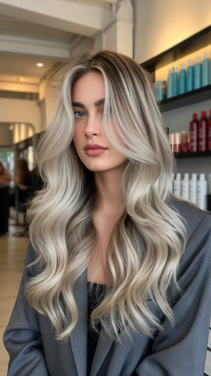 Medium hairstyles for women 2026 Frosted Silver Blonde Waves