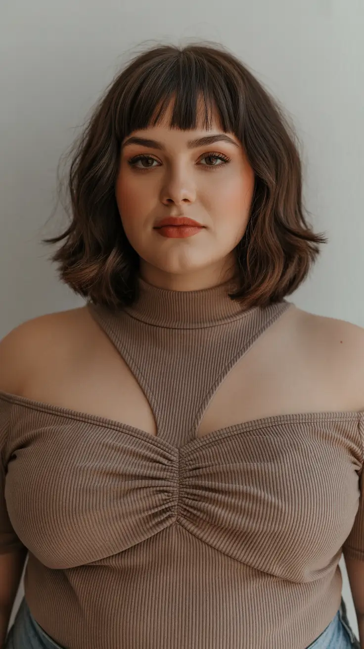 Modern haircuts for plus-size women 2026 Choppy Medium Bob with Statement Bangs