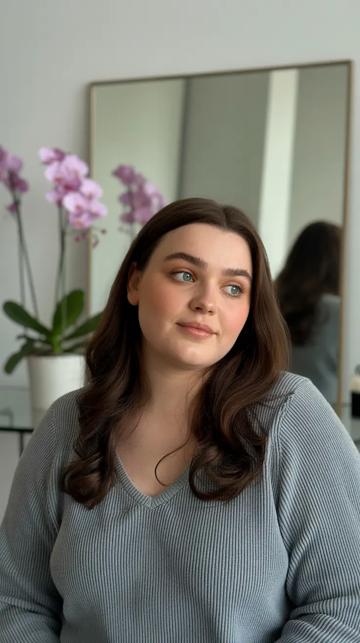 Modern haircuts for plus-size women 2026 Glossy Medium-Length Curls with Natural Part