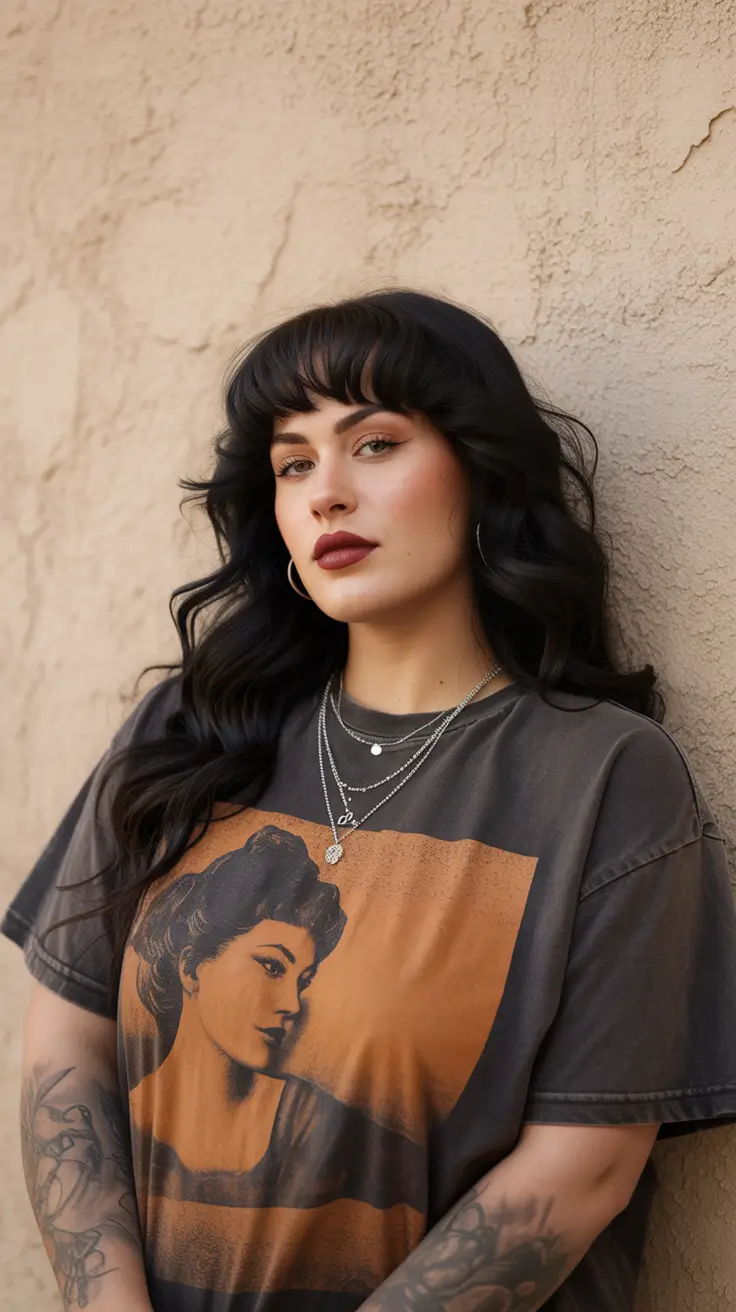 Modern haircuts for plus-size women 2026 Edgy Jet Black Shag with Bangs