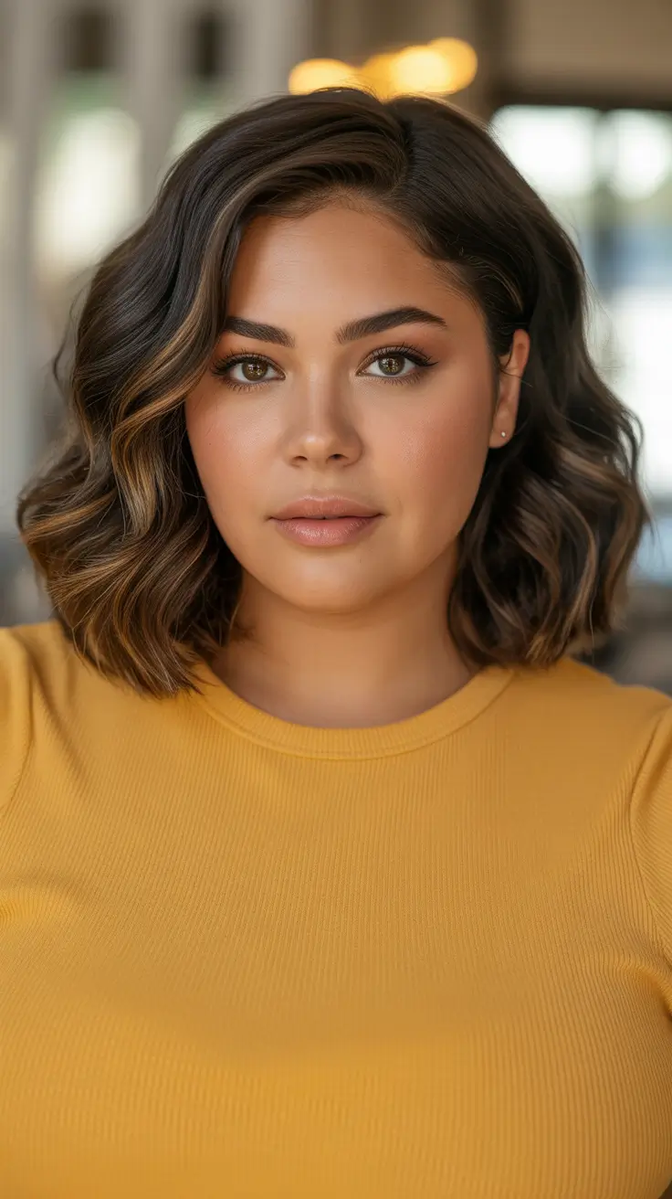 Modern haircuts for plus-size women 2026 Soft Chocolate Waves with Gentle Side Part