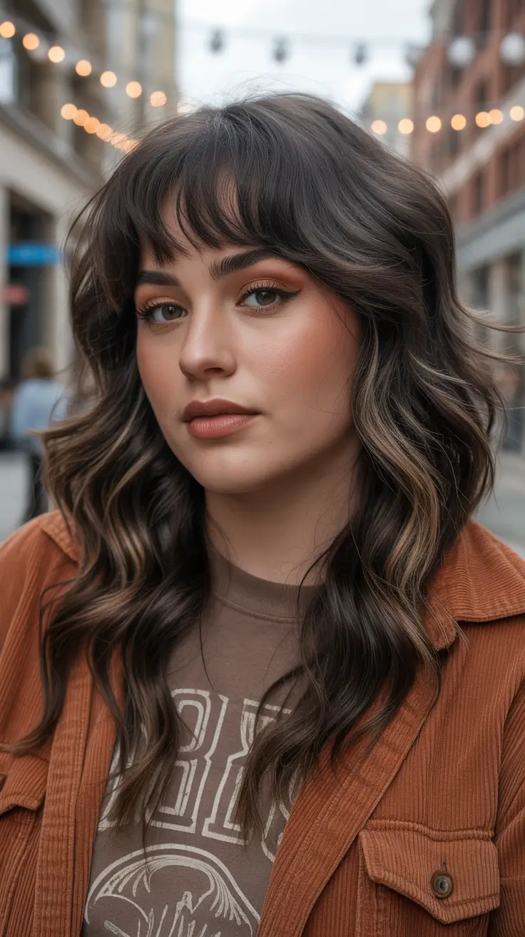 Modern haircuts for plus-size women 2026 Soft Layered Shag with Curtain Bangs