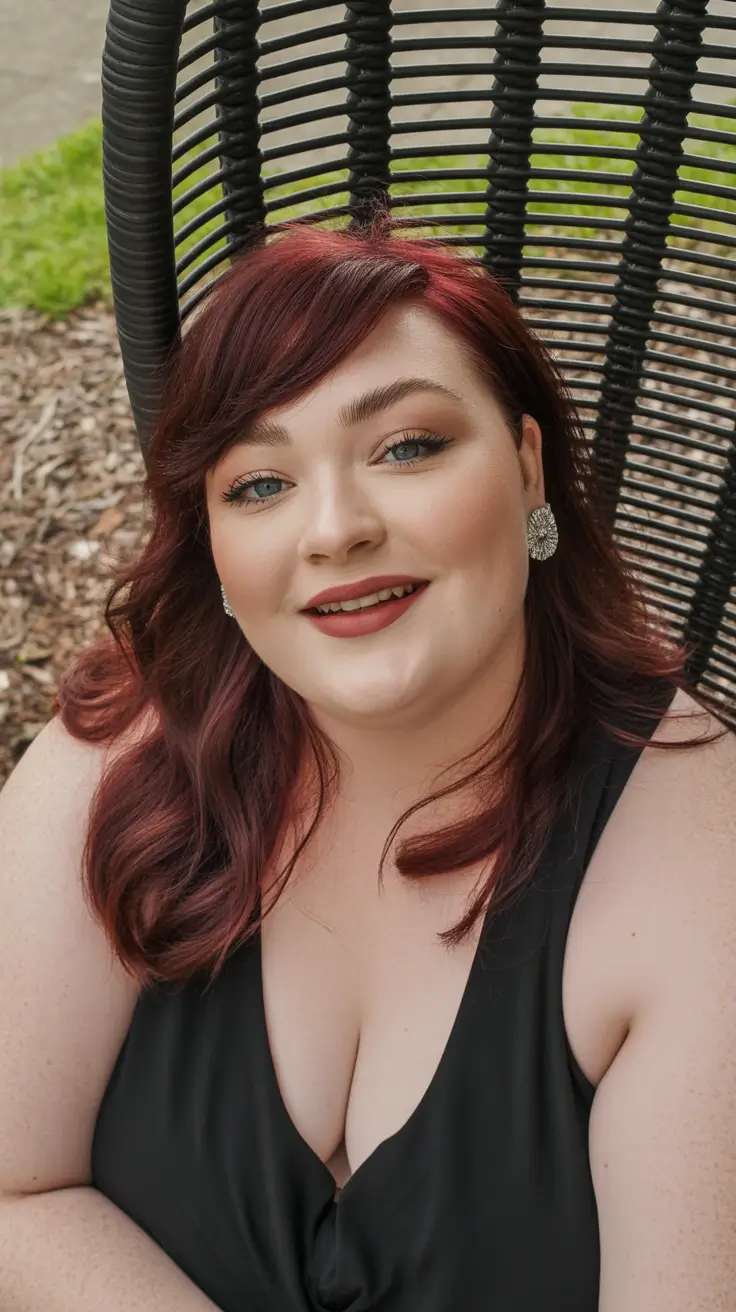 Modern haircuts for plus-size women 2026 Deep Burgundy Medium Waves with Side Fringe