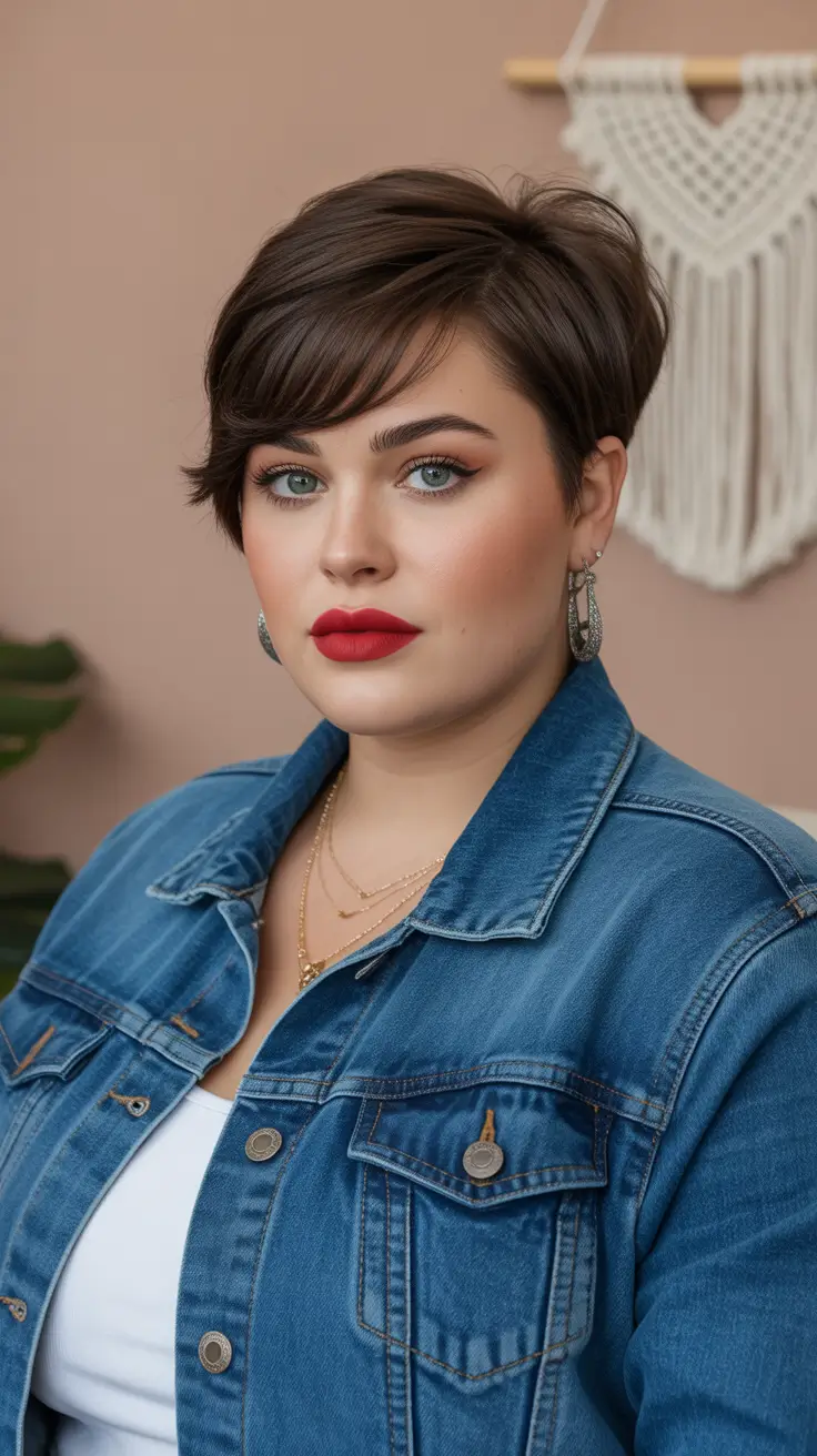 Modern haircuts for plus-size women 2026 Classic Long Pixie with Side Volume