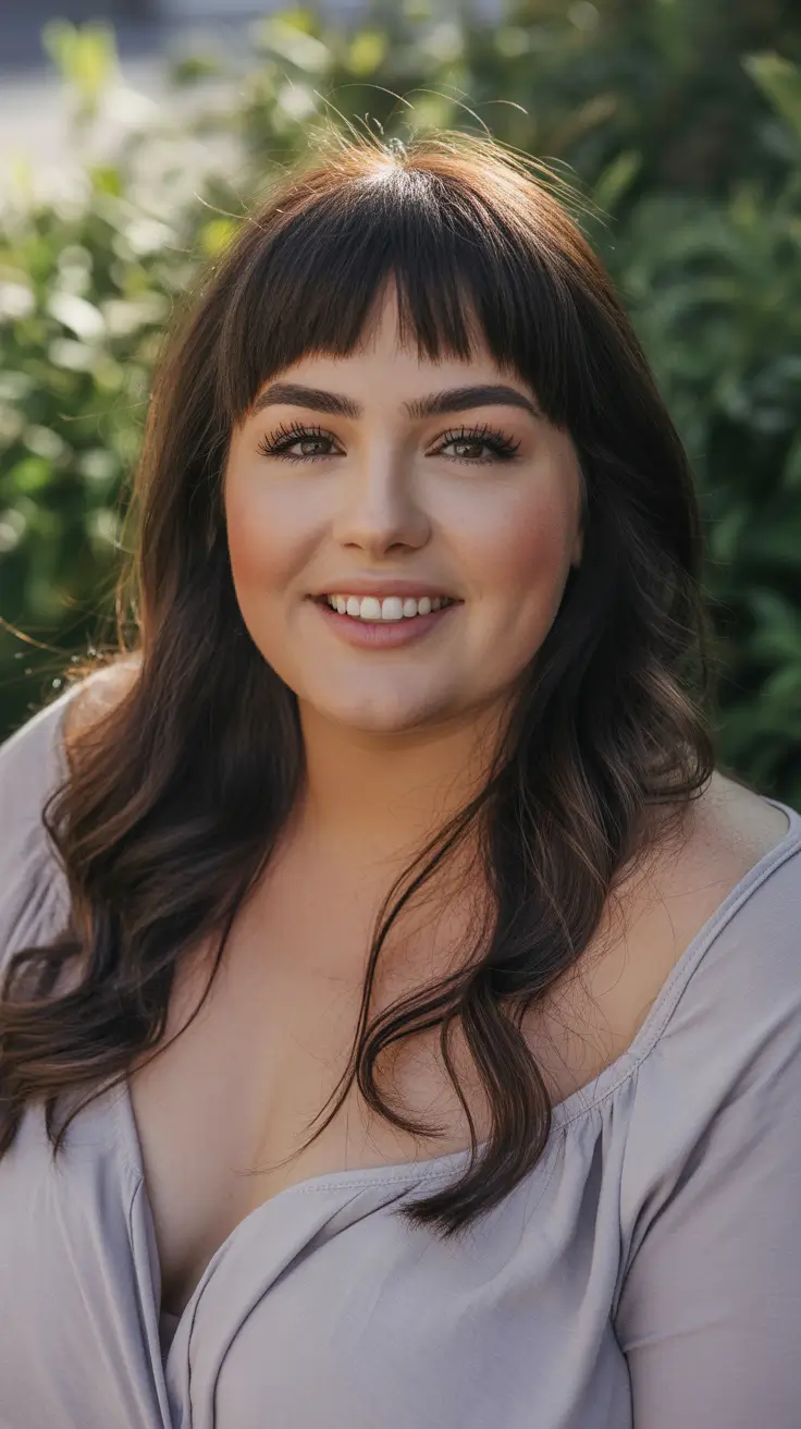 Modern haircuts for plus-size women 2026 Medium-Length Waves with Soft Bangs