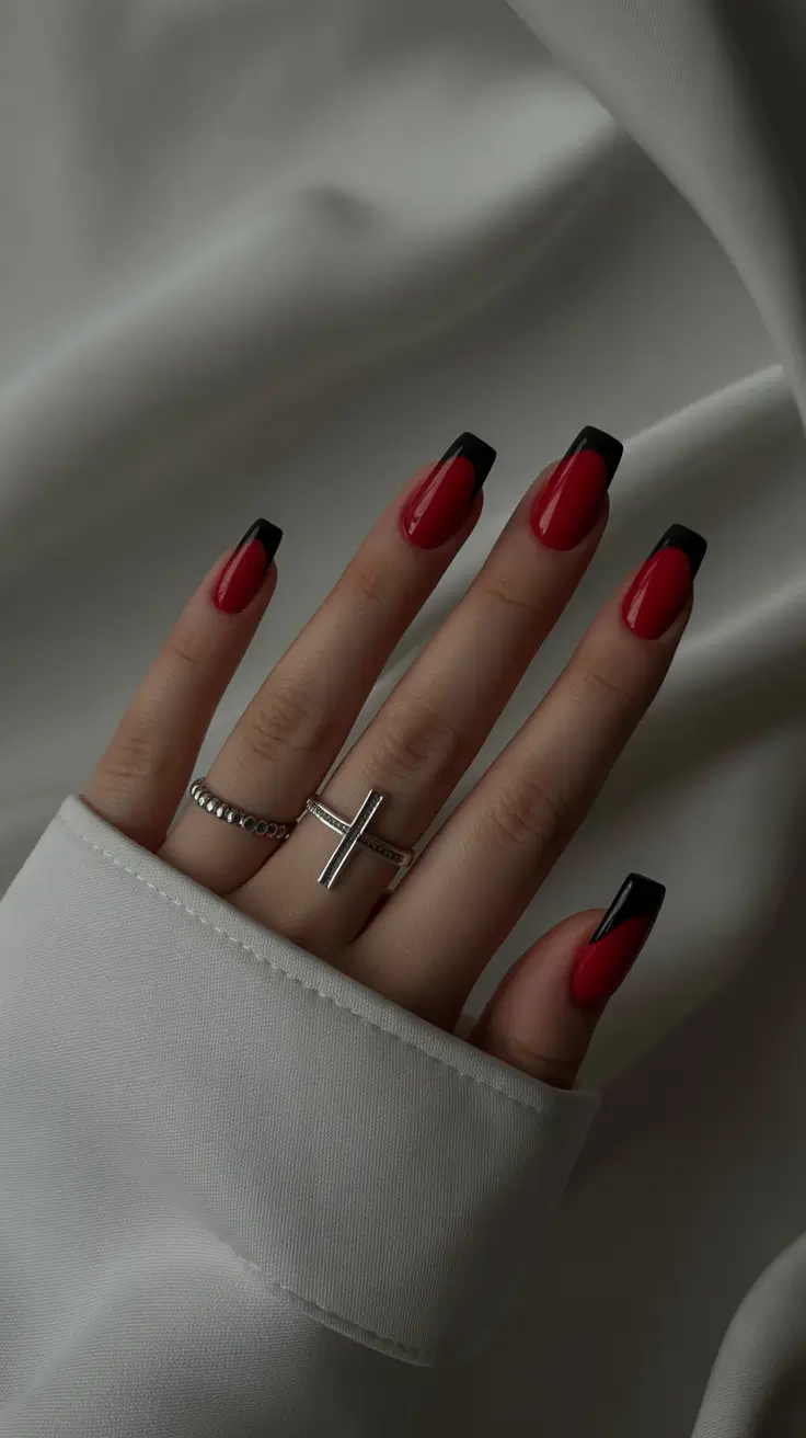 nail design trends 2026 Red Black French Tip Nails