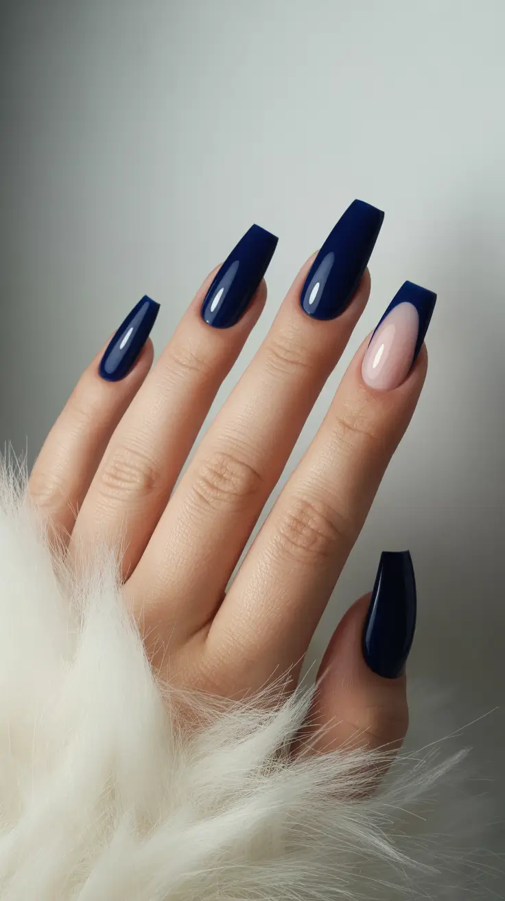 nail design trends 2026 Deep Navy Nails With Nude Accent