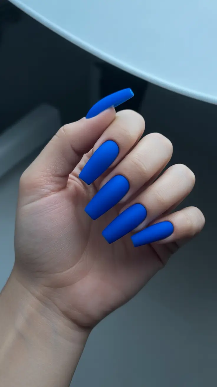 nail design trends 2026 Matte Blue Nails