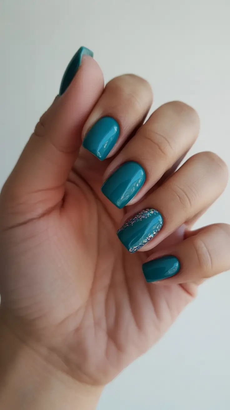 nail design trends 2026 Deep Teal Minimalism With a Subtle Spark