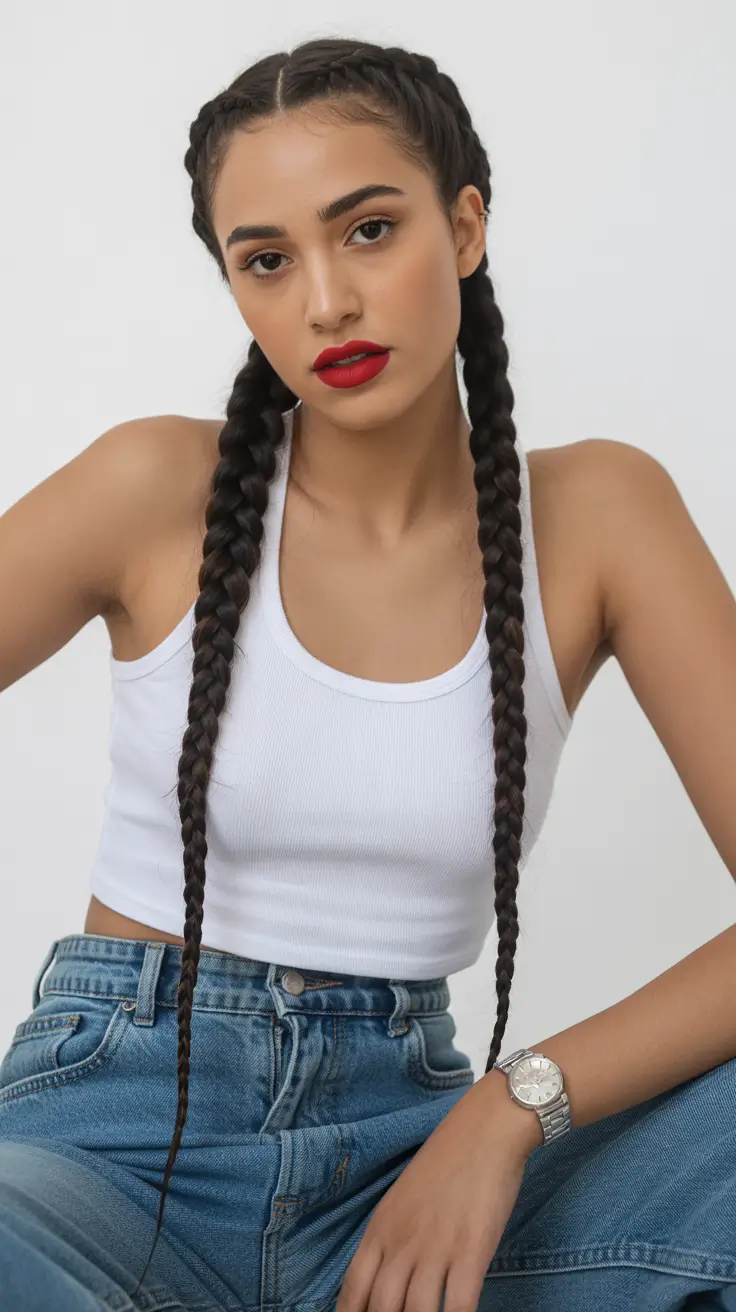 New braided hair looks 2026 Sleek Double Braids Athletic