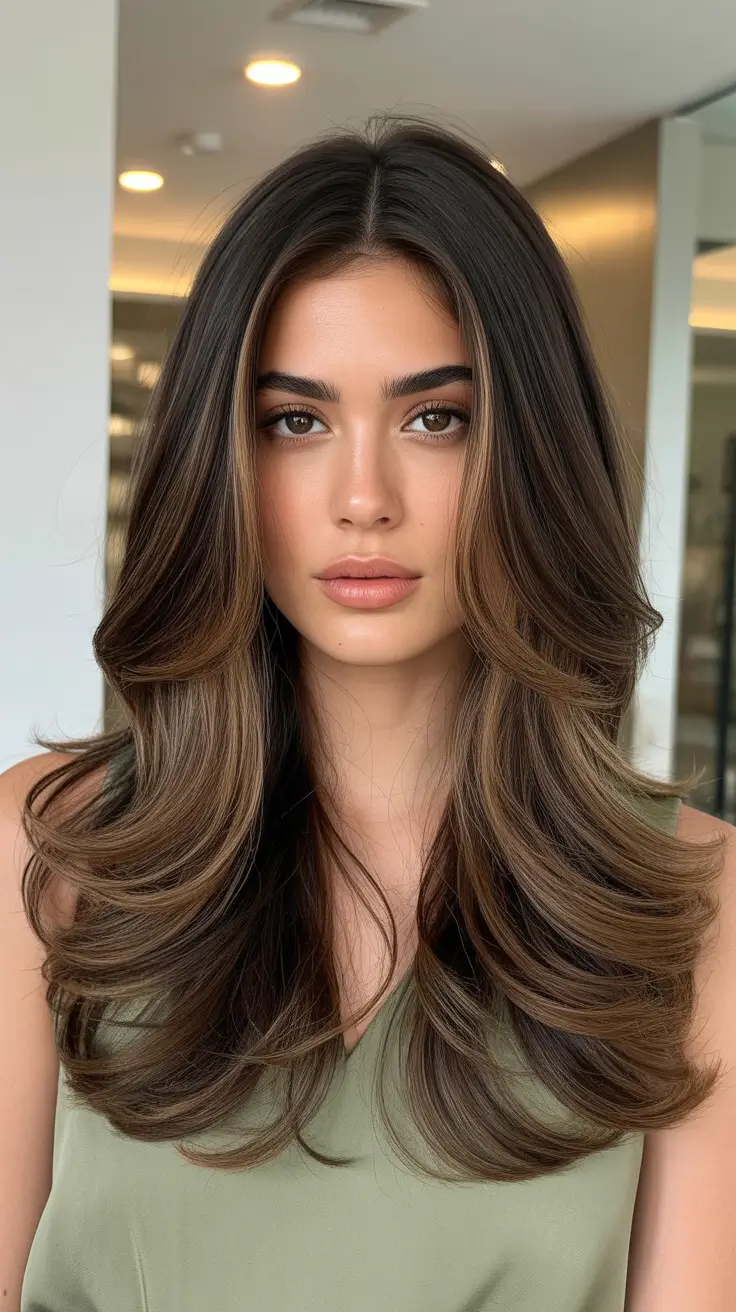 New hairstyle ideas 2026 Layered Brunette Gloss With Soft S-Curl Ends