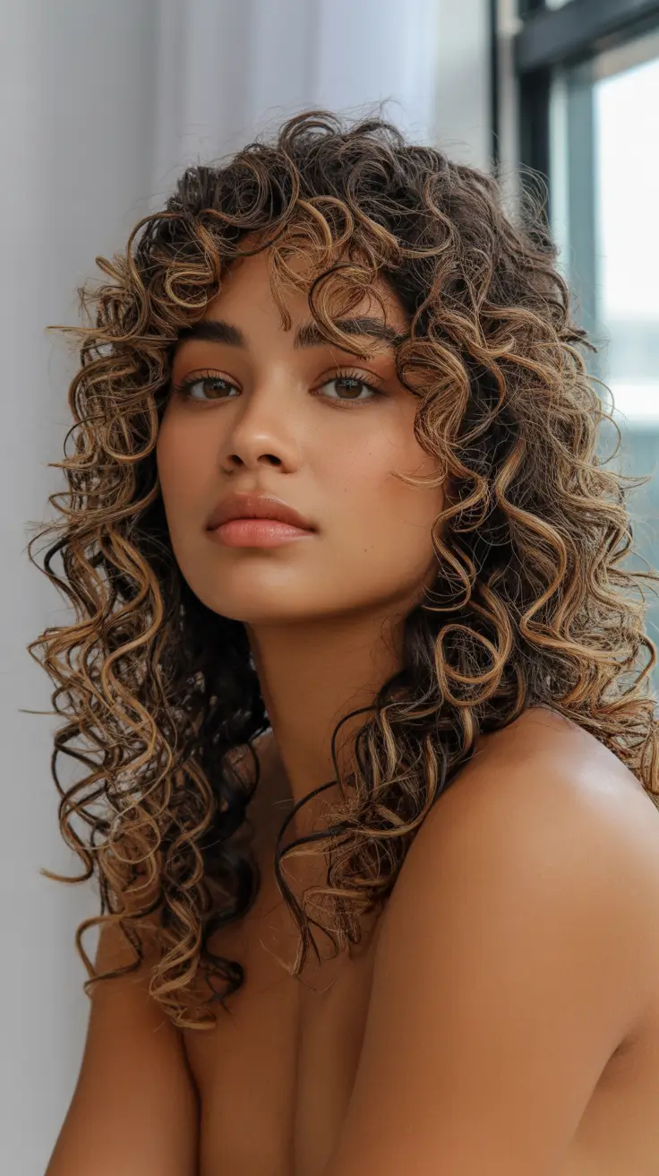 New hairstyle ideas 2026 Soft Coily Curls With Golden-Caramel Highlights