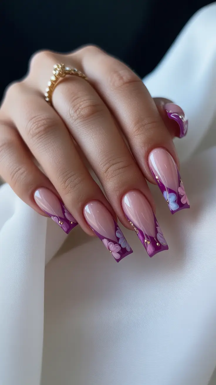 pink nails inspiration 2026 Purple Floral French With Pink Glow Base