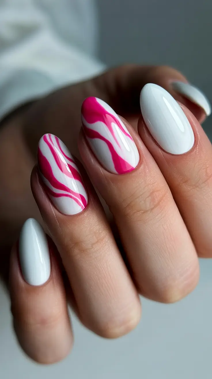 pink nails inspiration 2026 White and Pink Swirl Contrast
