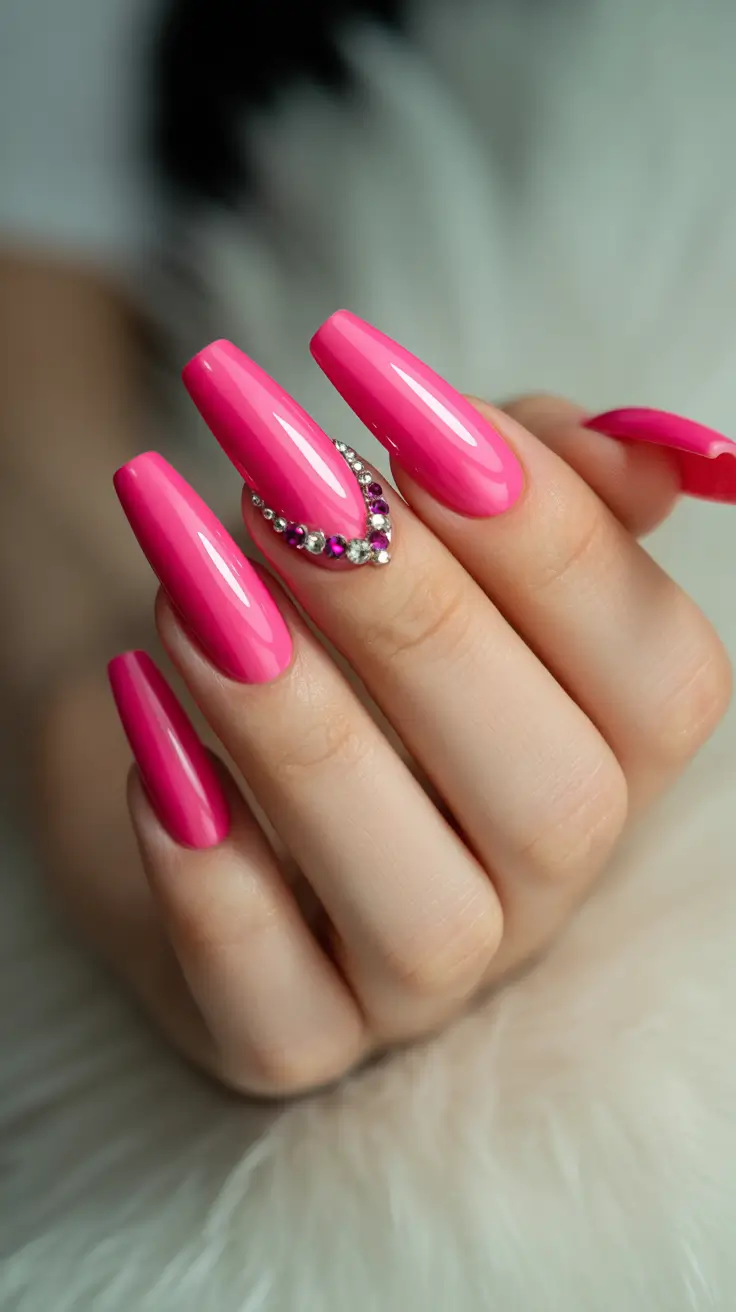 pink nails inspiration 2026 Glossy Hot Pink Coffin Nails With Jewel Detailing