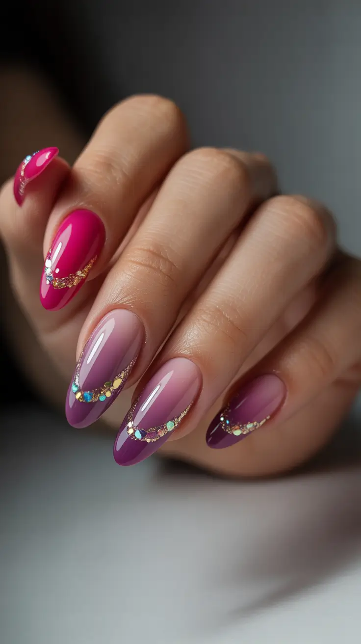 pink nails inspiration 2026 Berry-Pink Ombre with Iridescent Chain Detailing