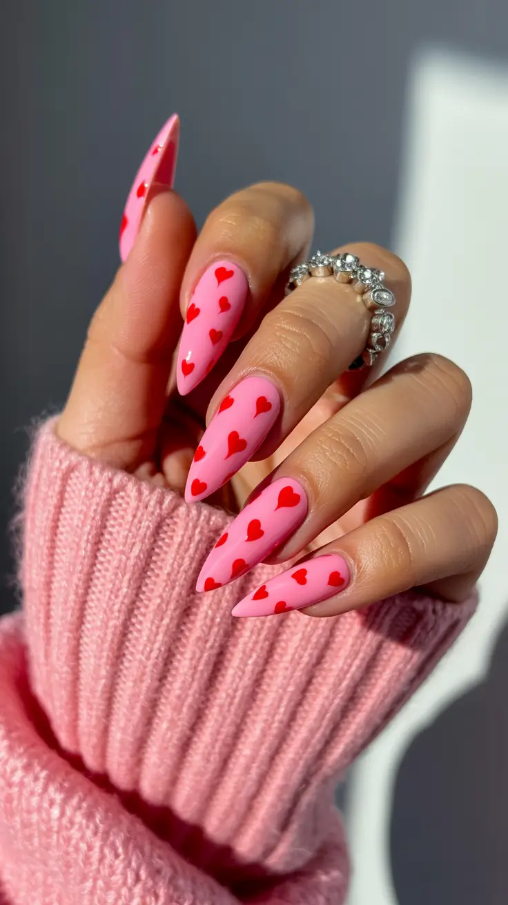 pink nails inspiration 2026 Pink Almonds with Tiny Red Hearts