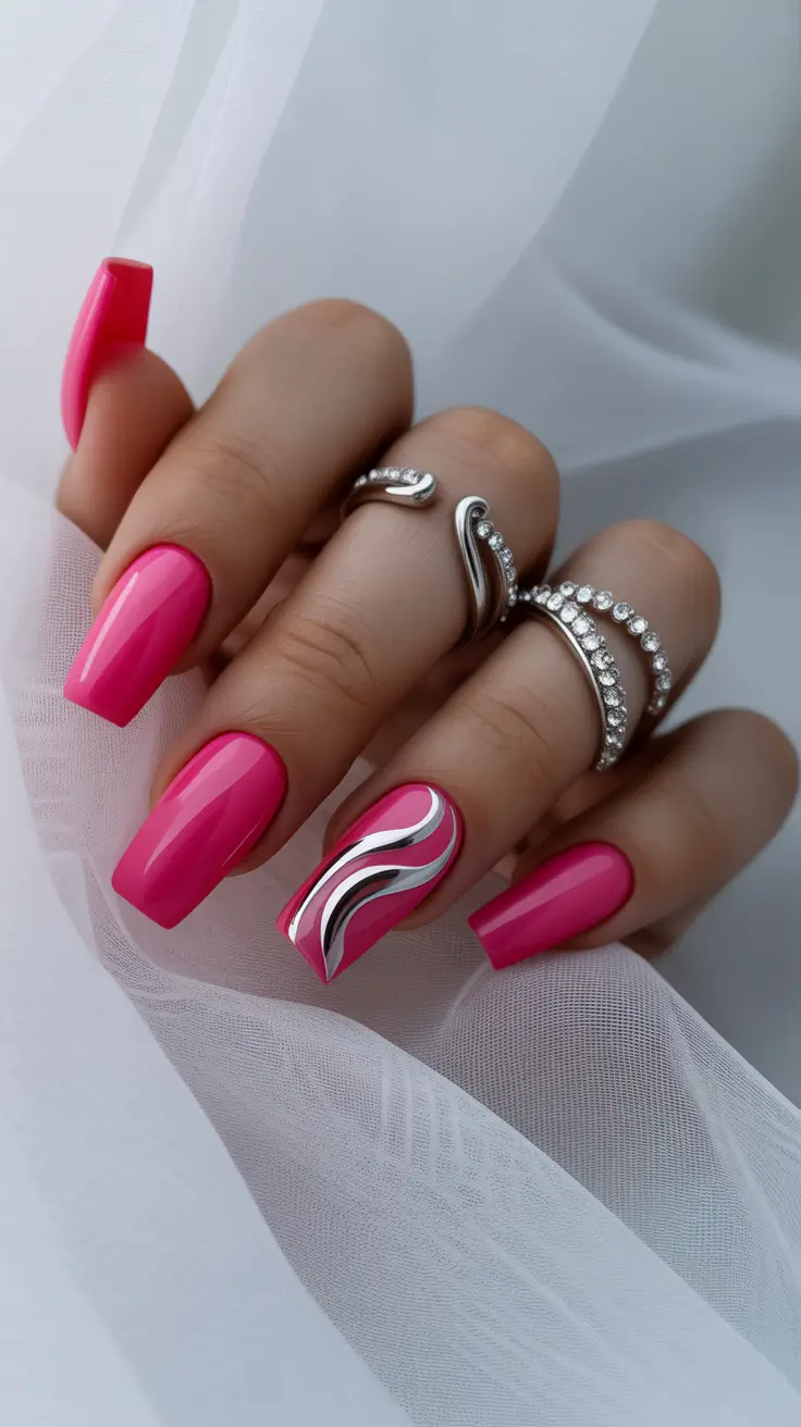 pink nails inspiration 2026 Chrome-Wave Accent with Hot Pink Gloss