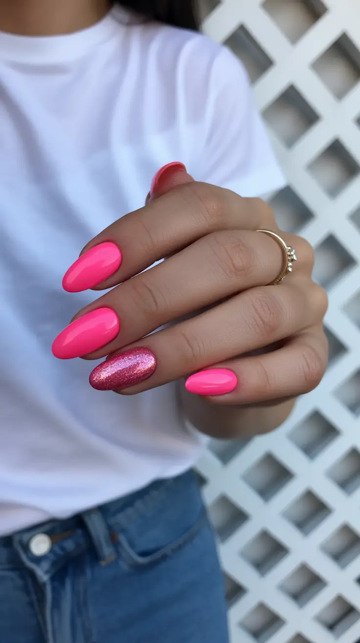 pink nails inspiration 2026 Neon Pink Almonds with a Glitter Accent