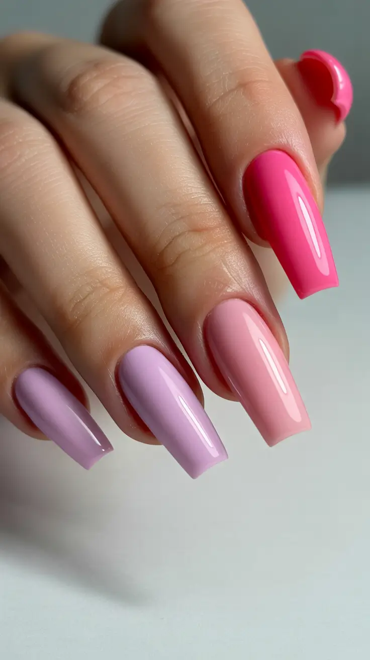 pink nails inspiration 2026 Pastel-to-Hot Pink Gradient Mix