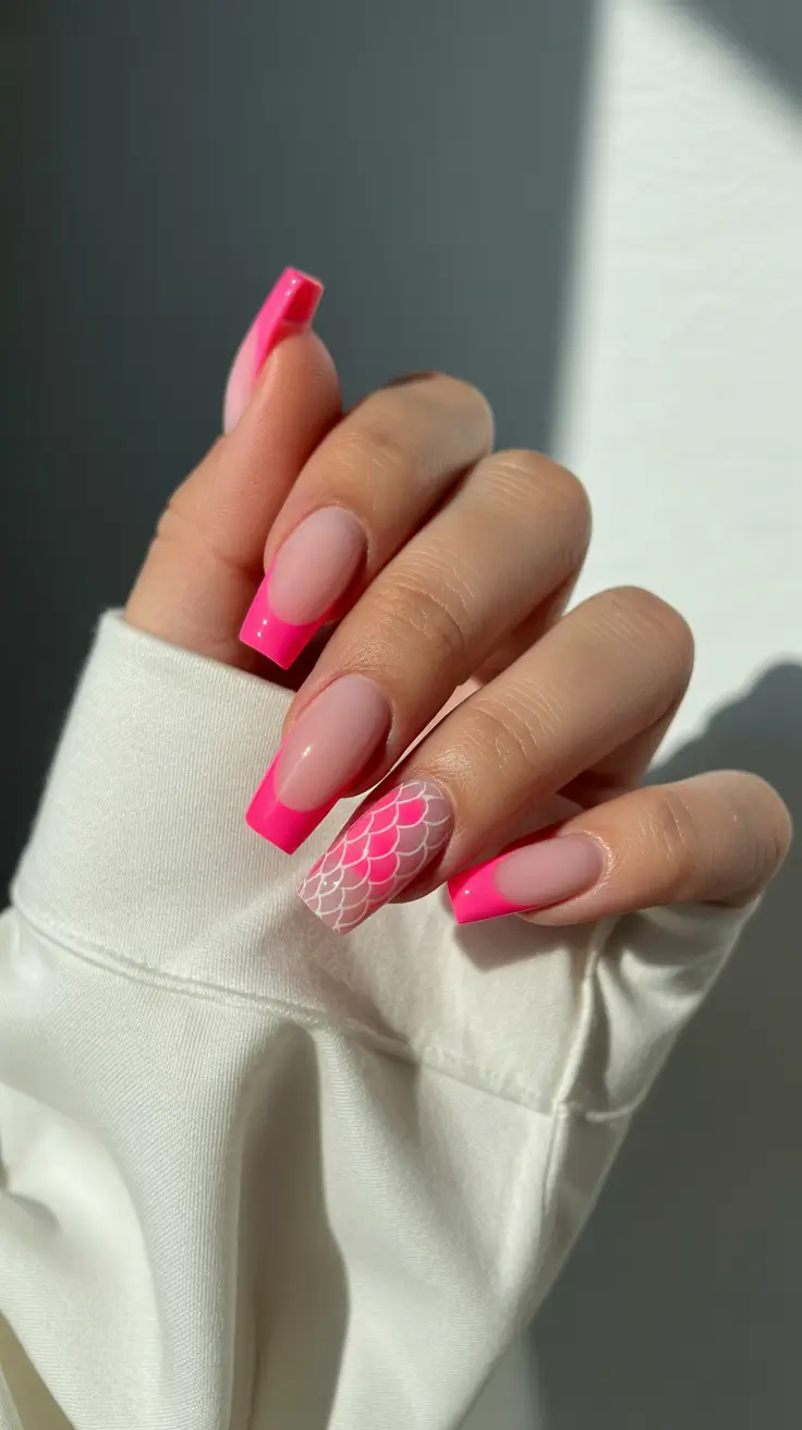 pink nails inspiration 2026 Pink French With Mermaid Scales