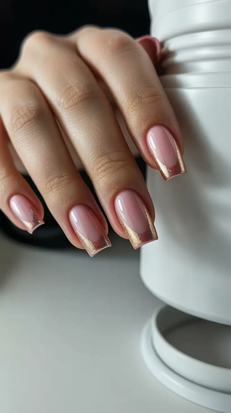 pink nails inspiration 2026 Soft Gold-Edged Pink Tips