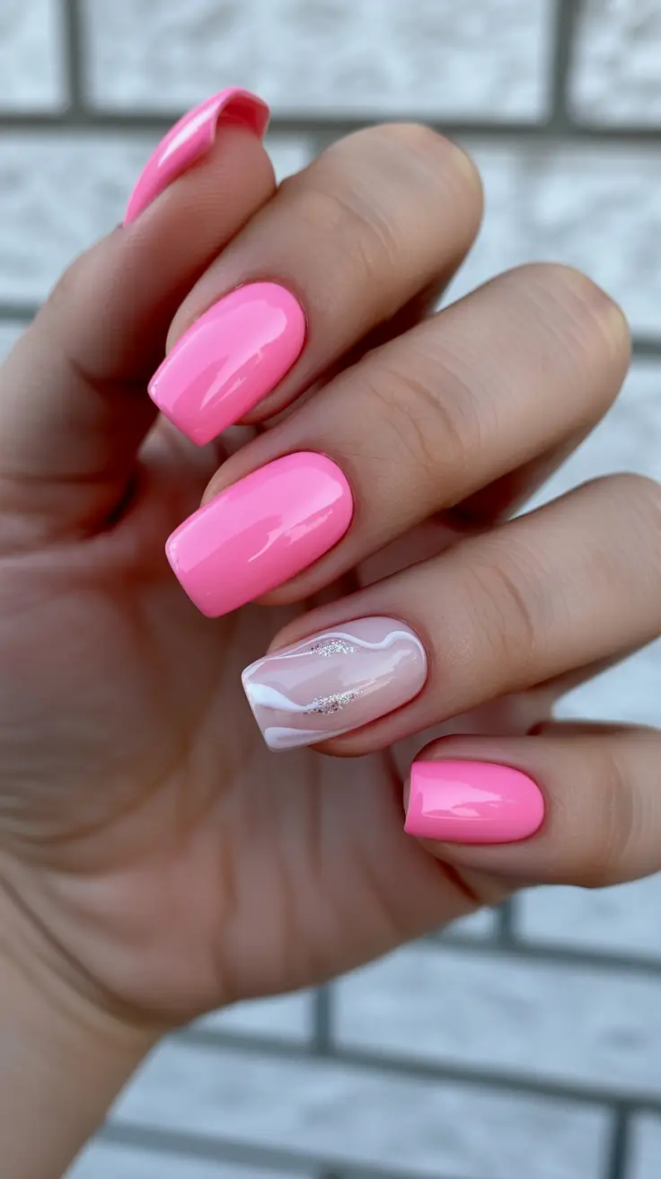 pink nails inspiration 2026 Glossy Pink With Silver Wave Accent