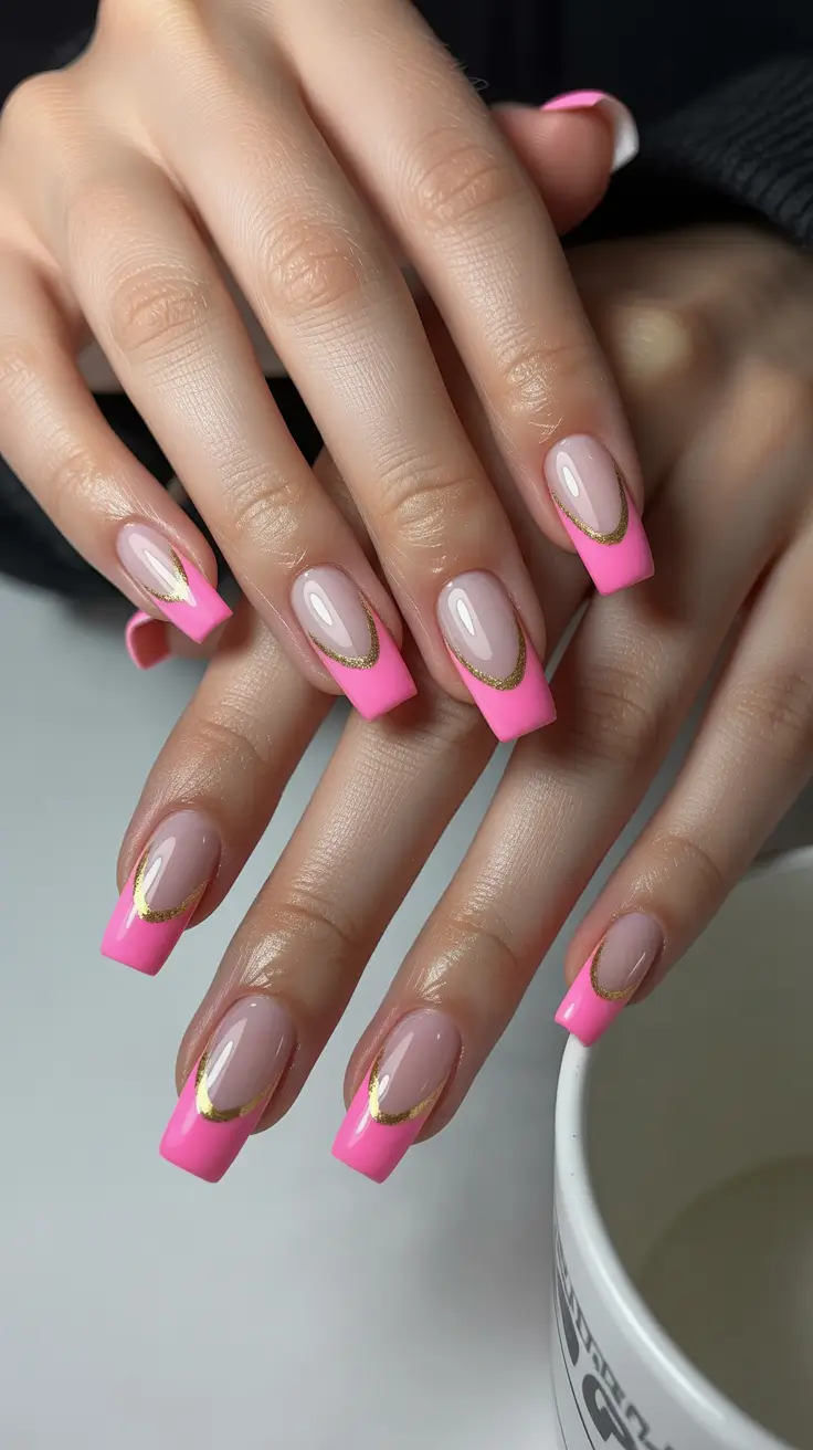 pink nails inspiration 2026 Neon Pink Squares With Gold Crescent Detailing