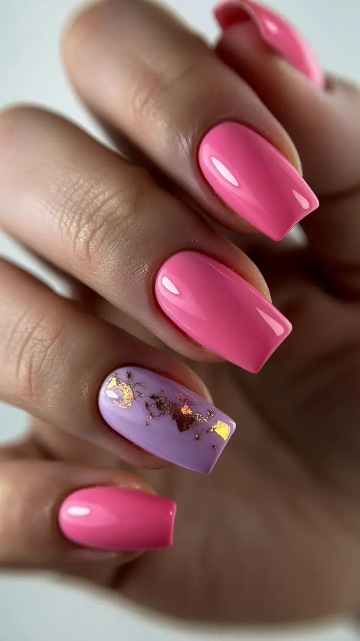 pink nails inspiration 2026 Pink and Lavender Mix With Foil Accents