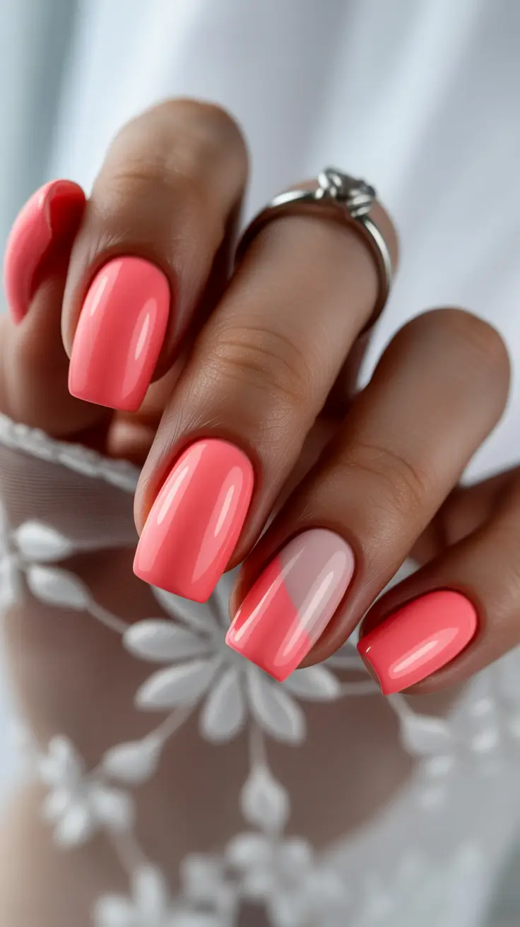 pink nails inspiration 2026 Coral-Pink Gloss With a Soft Neutral Accent