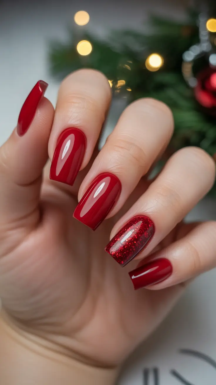 red nails inspiration 2026 Classic Square Red Nails with Sparkling Red Glitter Accent