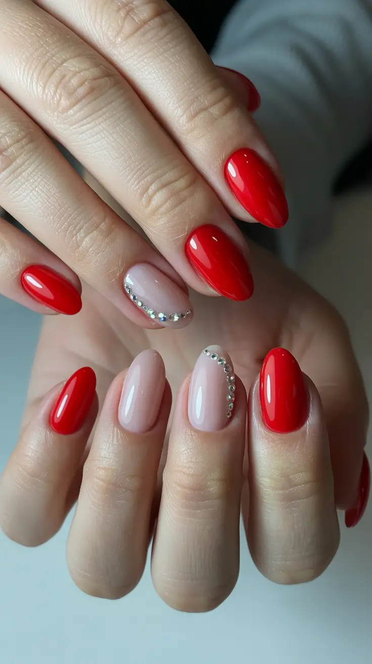 red nails inspiration 2026 Red Almond Nails with Soft Nude & Crystal Curve Accents