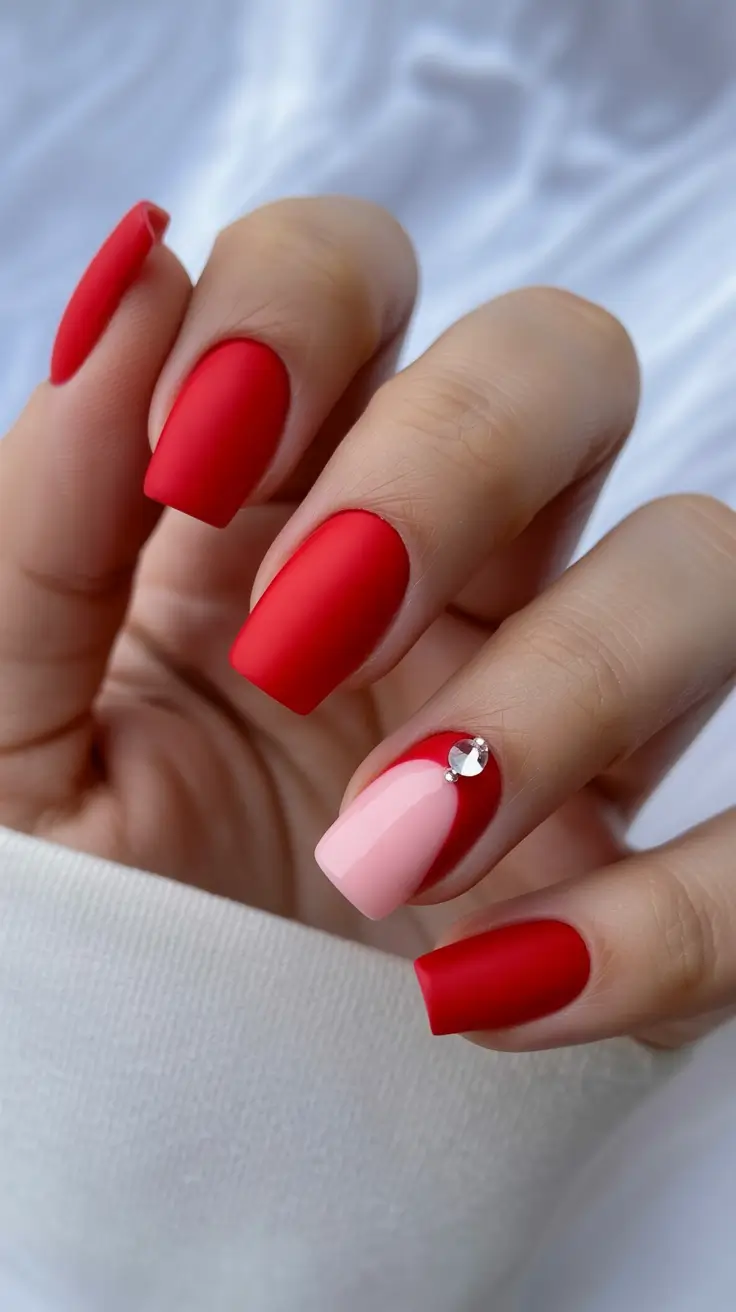 red nails inspiration 2026 Matte Red Square Nails with Pink Accent & Crystal Detail