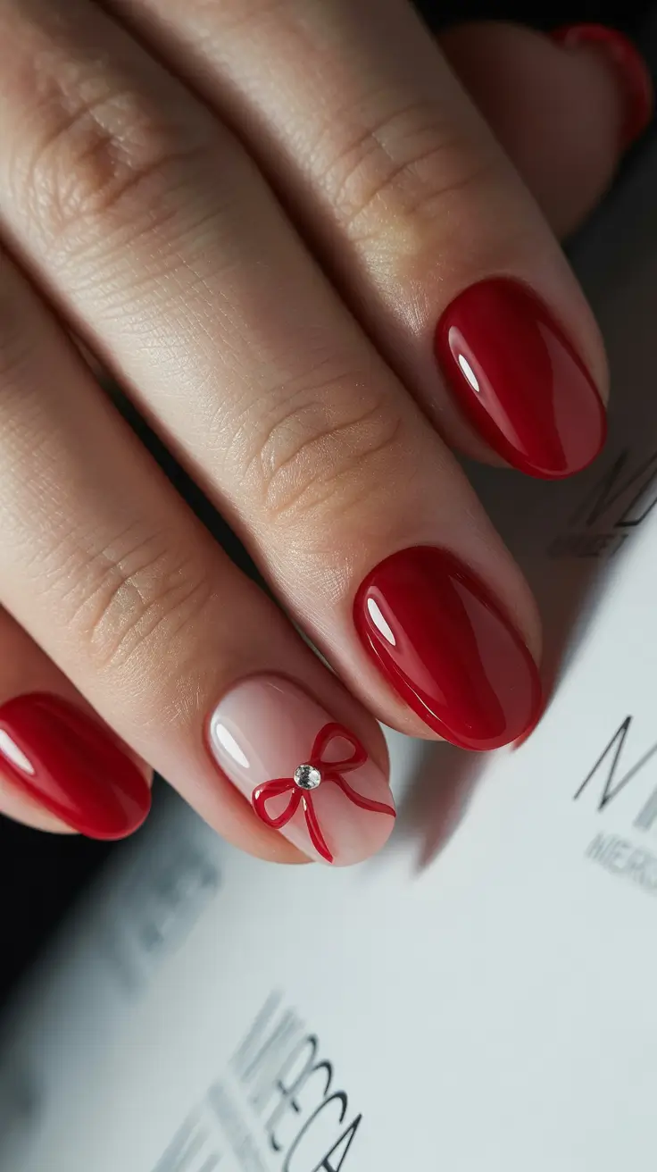 red nails inspiration 2026 Glossy Red Almond Nails with Minimal Bow Art