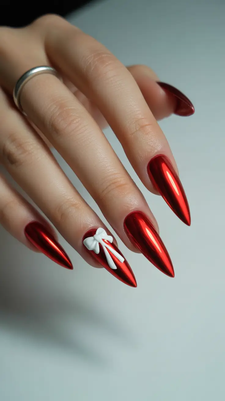 red nails inspiration 2026 Red Chrome Stiletto Nails with 3D White Bow Accent