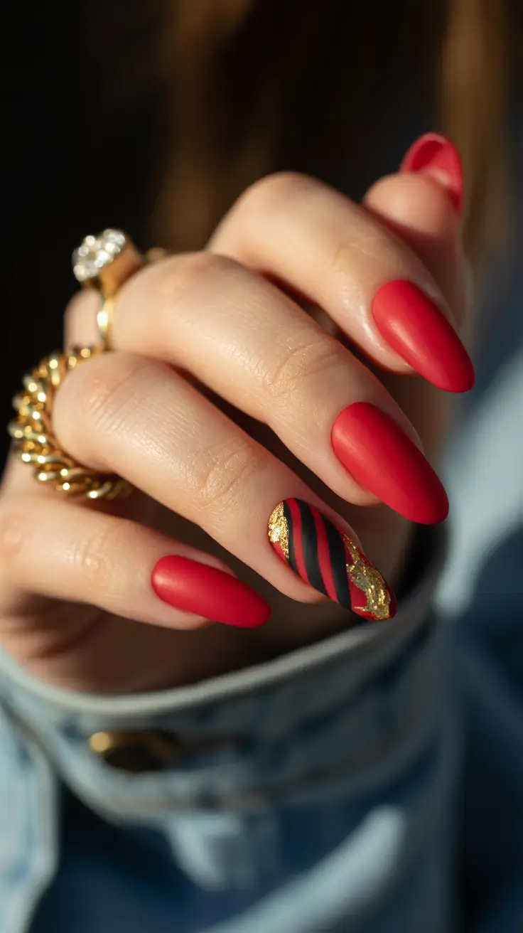 red nails inspiration 2026 Matte Red Almond Nails with Black Stripes & Gold Foil Accent