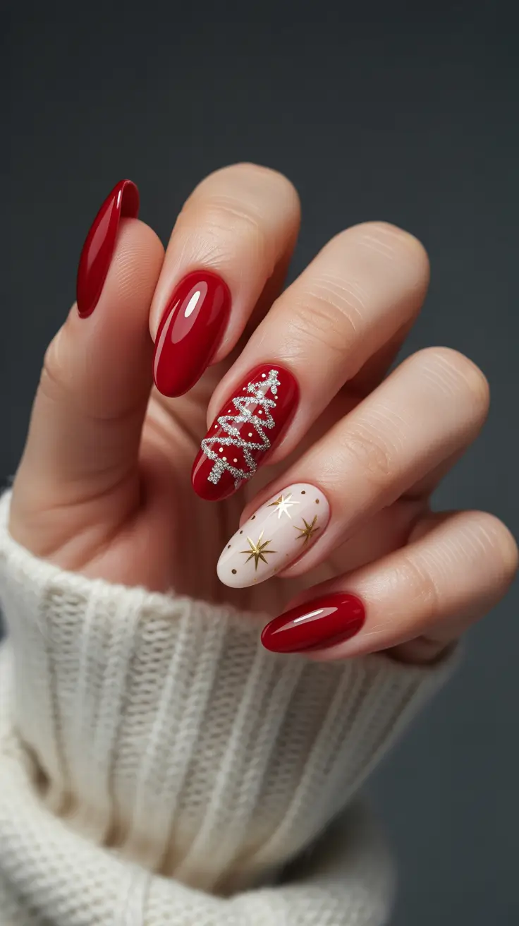 red nails inspiration 2026 Red Nails with Christmas Tree Glitter & Gold Star Accents