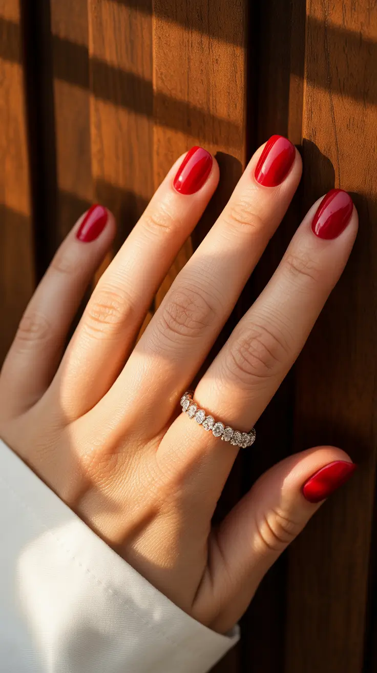 red nails inspiration 2026 Classic Short Red Nails with Evening Glow Finish